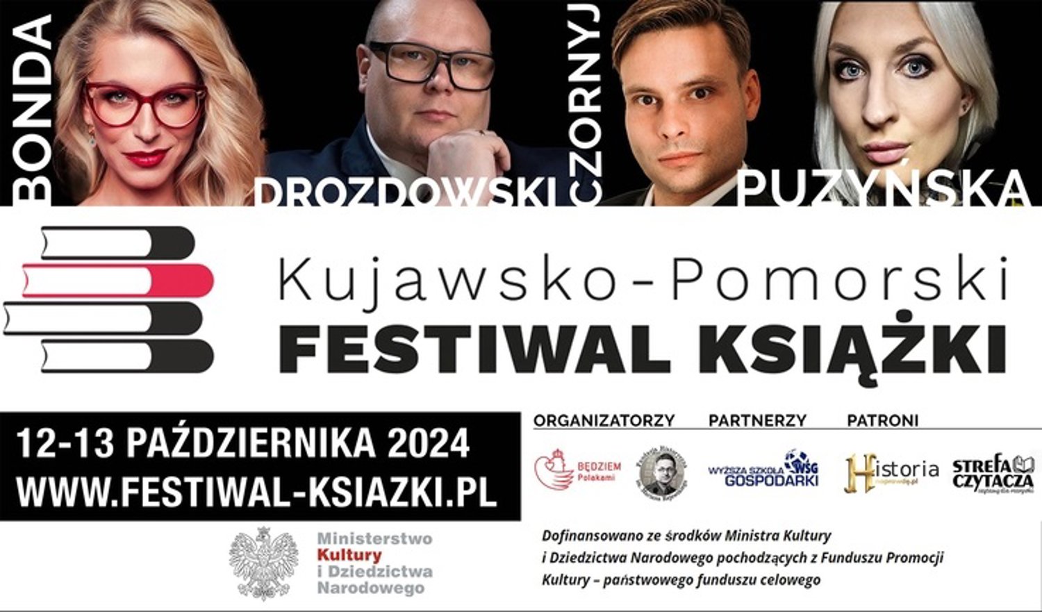 Katarzyna Bonda, Max Czornyj i Katarzyna Puzyńska na 4. edycji Kujawsko – Pomorskiego Festiwalu Książki w Bydgoszczy